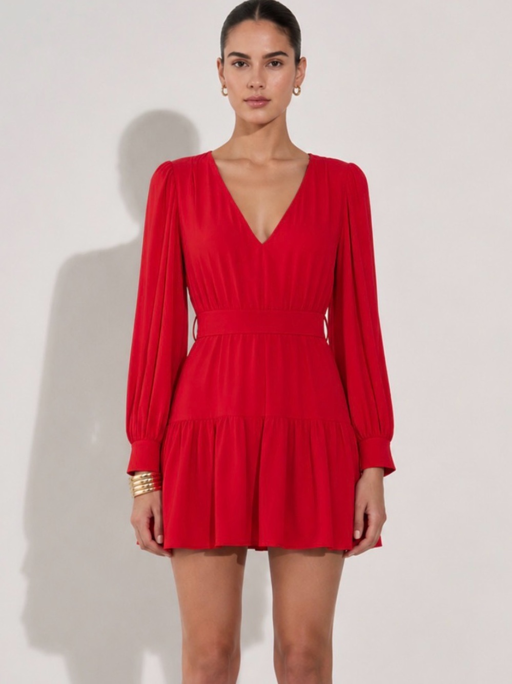Revolve AMANDA UPRICHARD Selene Liptick Red Belted Ruffle Mini Dress Size M - Picture 3 of 12
